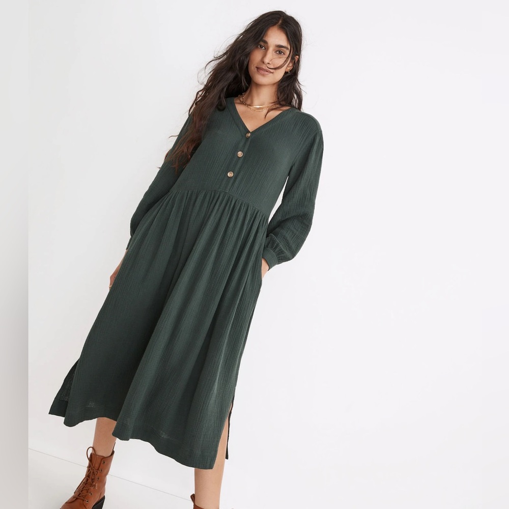 Madewell Midi Green Gauze Cotton Dress